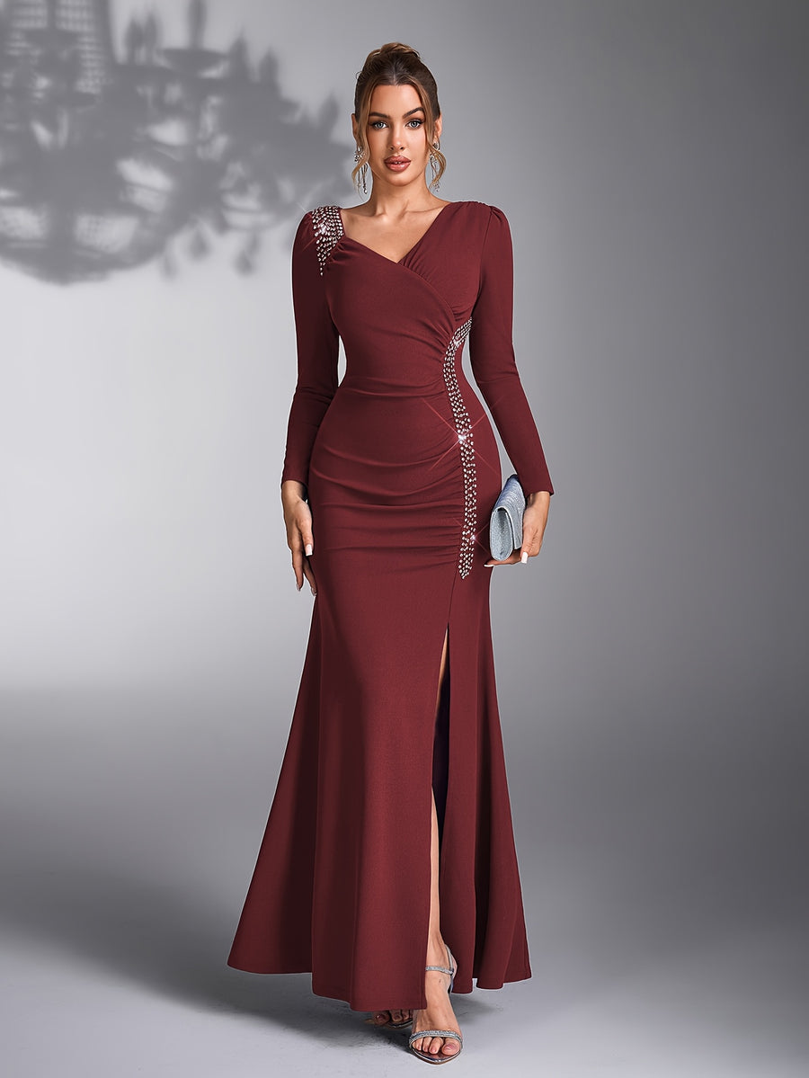Women's Sequin Patchwork Elegant Wedding Bridesmaid Evening Dress Gown - Burgundy