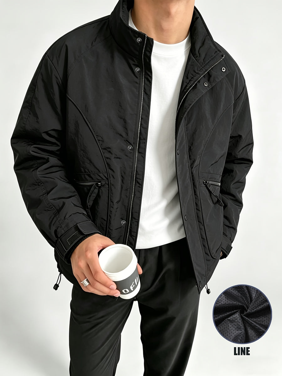 Men's Spring/Autumn American-Style Nylon Solid Color Stand Collar Jacket, Breathable Lightweight Windproof Functional Workwear Outerwear, Loose Fit Streetwear Casual Windbreaker - Black