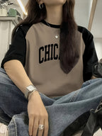 "CHICAGO" Letter Print, Color-Blocked Short Sleeves, Casual Short-Sleeve T-Shirt - Camel