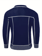 Men'S Casual Knit Cardigan, Fall Winter New Fashion Line Design Cardigan Sweater - Blue And White