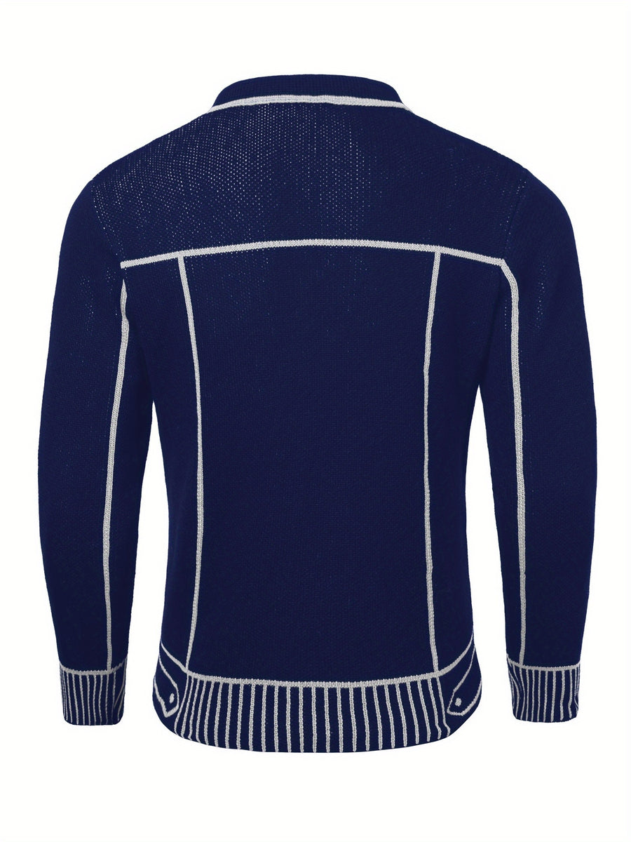 Men'S Casual Knit Cardigan, Fall Winter New Fashion Line Design Cardigan Sweater - Blue And White