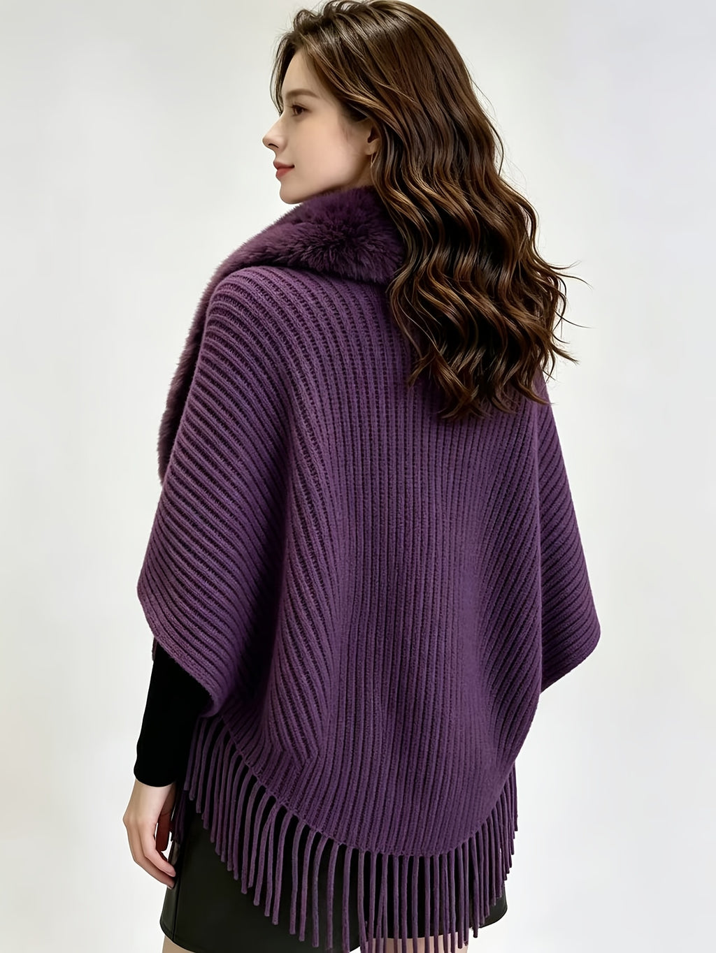 Women'S Cardigan, Autumn Winter Fashion Faux Tassel Cape Scarf Jacket - Lightweight Warm Outerwear for Parties, Office, Casual Wear - Elegant Autumnal Accessory, Trendy Scarf, Office Essential, Holiday Gift - Purple
