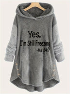 Fashion Women'S Casual Fall Winter Hooded Long Sleeve Front Print Button-Up Long Pants Set - Dark Gray