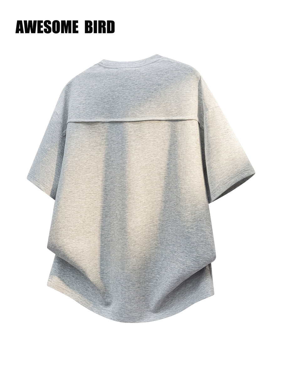 American-style Heavyweight Deconstructed Rivet-Patch Short-Sleeve T-Shirt for Men, Summer Lightweight Fiber Fabric Quick-Dry Loose Fit Tee - Grey