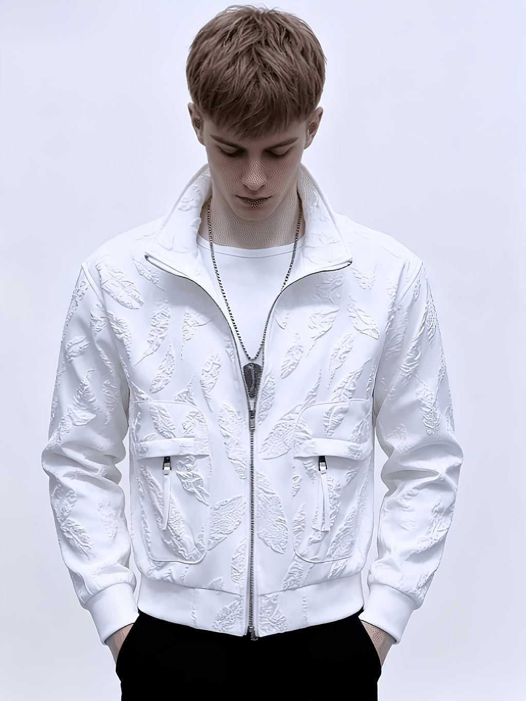 New Autumn And Spring Solid Color Light Mature Style Embroidered Quality Jacket for Men, Slim Fit Youth Korean Style Zip-Up Jacket - White