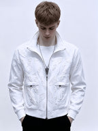 New Autumn And Spring Solid Color Light Mature Style Embroidered Quality Jacket for Men, Slim Fit Youth Korean Style Zip-Up Jacket - White