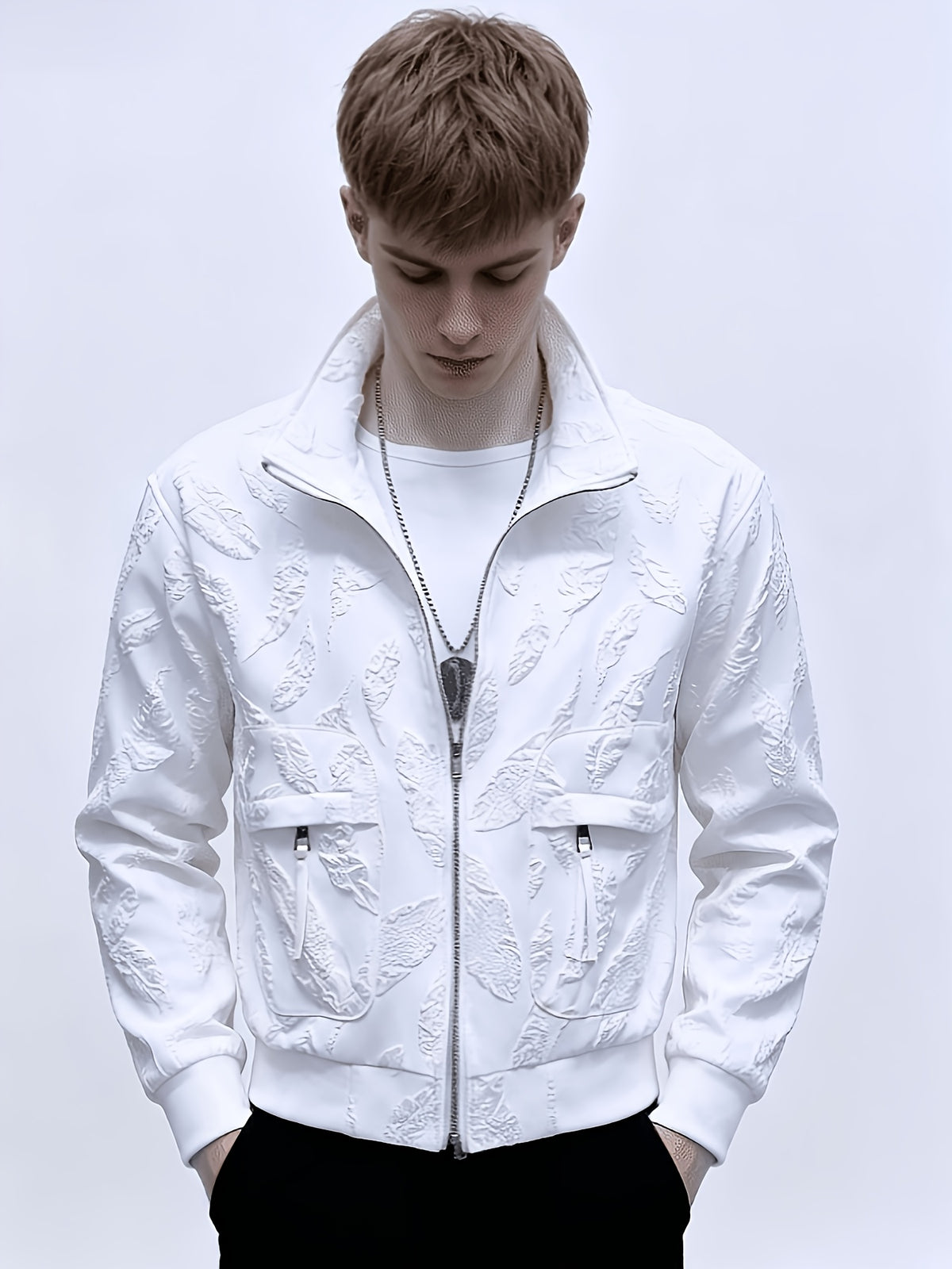 New Autumn And Spring Solid Color Light Mature Style Embroidered Quality Jacket for Men, Slim Fit Youth Korean Style Zip-Up Jacket - White