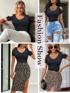 Women's Sexy Cut Cold Shoulder Top V-Neck Short Sleeve Bodysuit / Mock Turtleneck Long Sleeve Bodysuit T-Shirt - Black