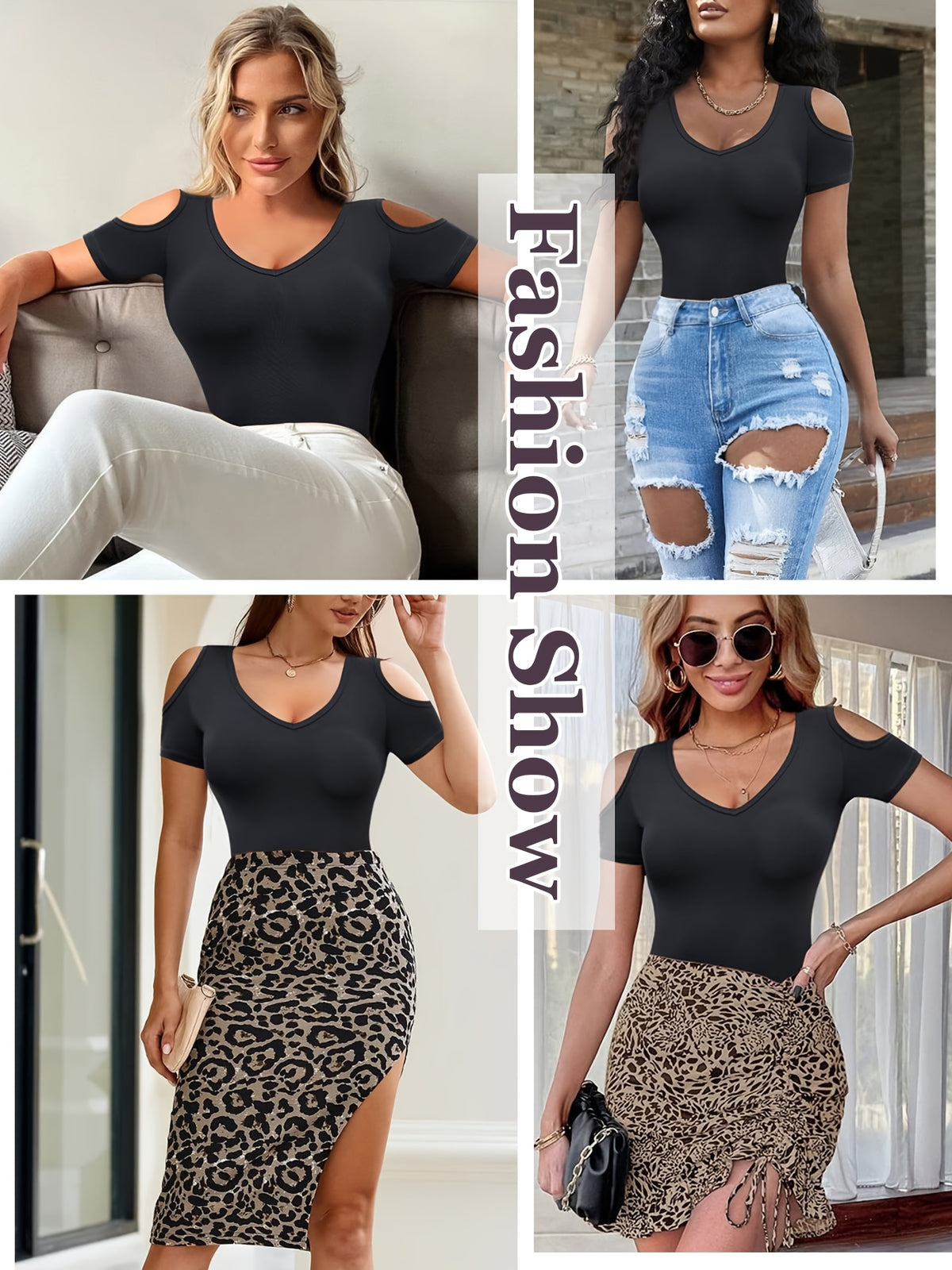 Women's Sexy Cut Cold Shoulder Top V-Neck Short Sleeve Bodysuit / Mock Turtleneck Long Sleeve Bodysuit T-Shirt - Black