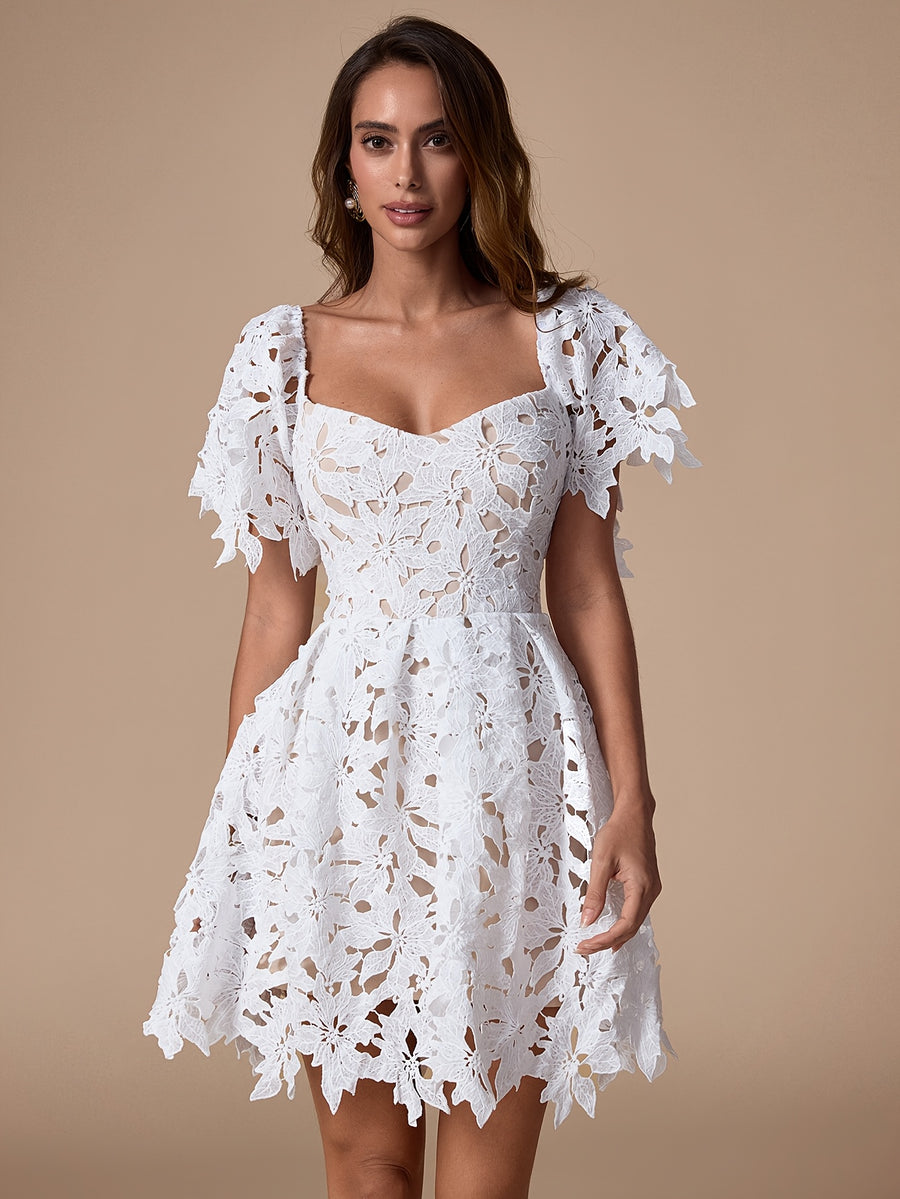 Elegant V-neck Strappy Sexy Evening Gown, Hollow-out Lace Formal Dress, Bridesmaid Dress, Suitable for Holiday Parties, Casual Vacations, and Wedding Occasions - White