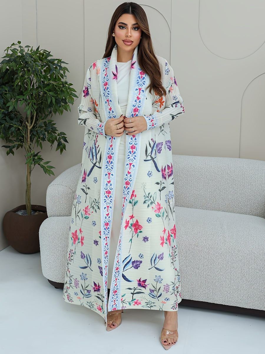 Women Modest Floral Print Pleated Abaya Open Front Long Cardigan Dubai Arab Turkish Kimono Duster Coat Vintage Geometric Border Cover Up Beach Robe Outerwear - White