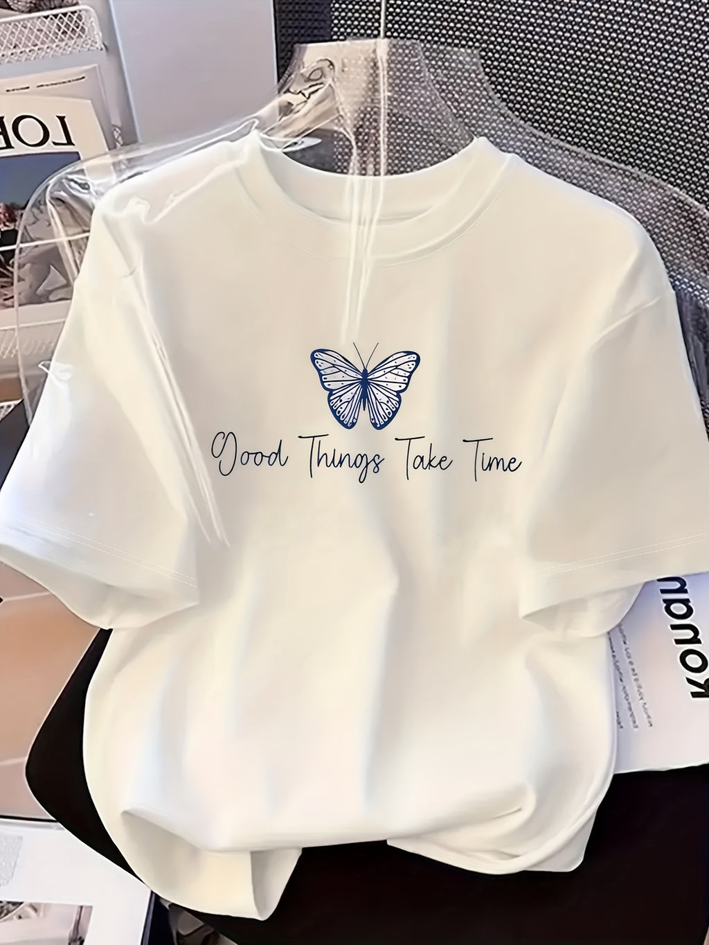Women'S Short-Sleeve Round-Neck Sports T-Shirt with Butterfly Print - White