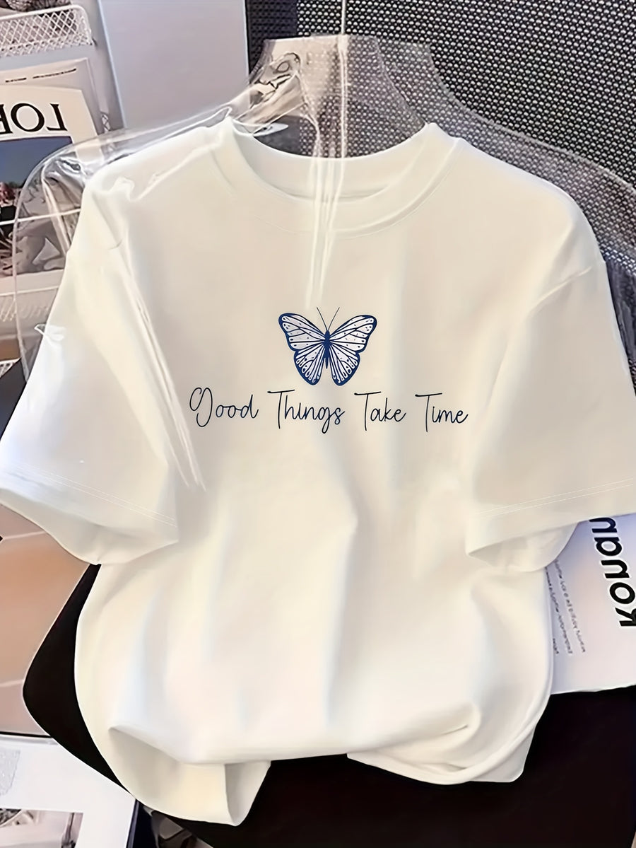 Women'S Short-Sleeve Round-Neck Sports T-Shirt with Butterfly Print - White