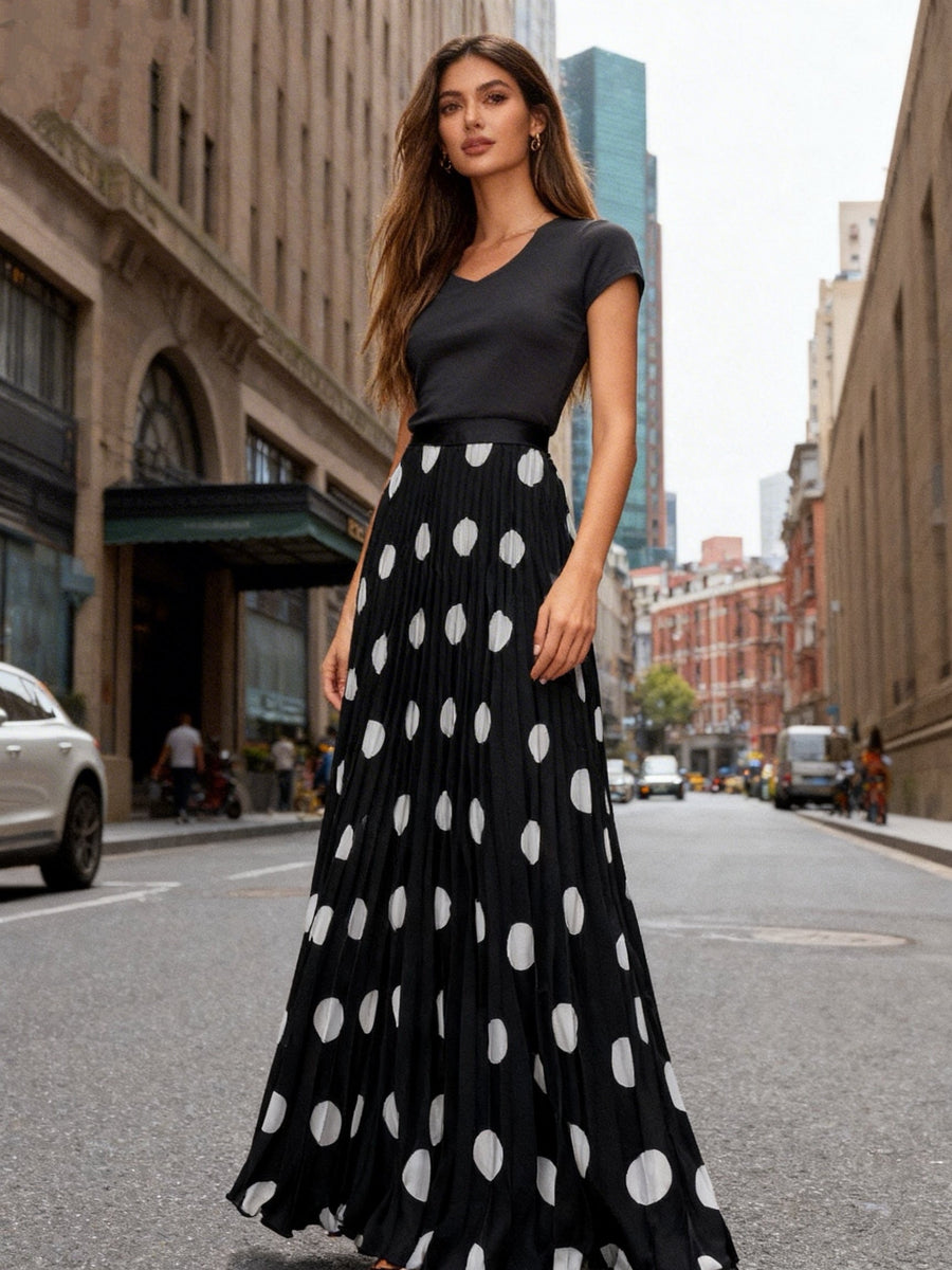 Summer High-End Print Long Dress Pleated Large Swing Skirt - Black