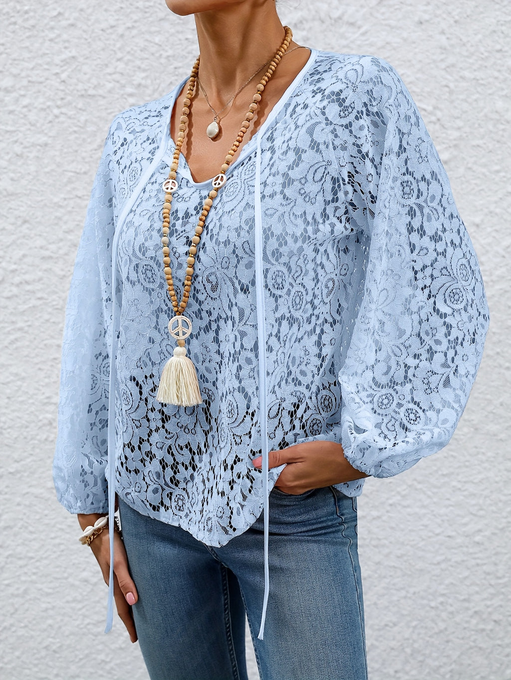 Ladies' clothing, casual fashion, elegant, transparent, solid color long sleeved, lace, solid color shirt - Bright Steel Blue