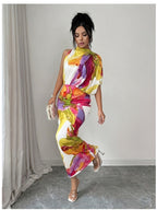 Women's Elegant One-Shoulder High Neck Sleeveless Bodycon Maxi Dress with Ruched Waist & Fit - Machine Washable Suitable for Vacation, Party, Wedding Guest Dress, Evening Date Dress - Multicolor