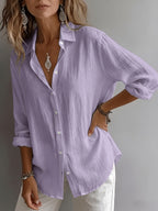 Women's Elegant Lapel Shirt, Loose Straight Fit with Long Sleeves, Lightweight, Comfortable, and Breathable Fabric, Versatile for Commuting and Casual Wear, Loose Straight Cut Flattering Design, Daily Comfortable and Relaxed Style - Purple