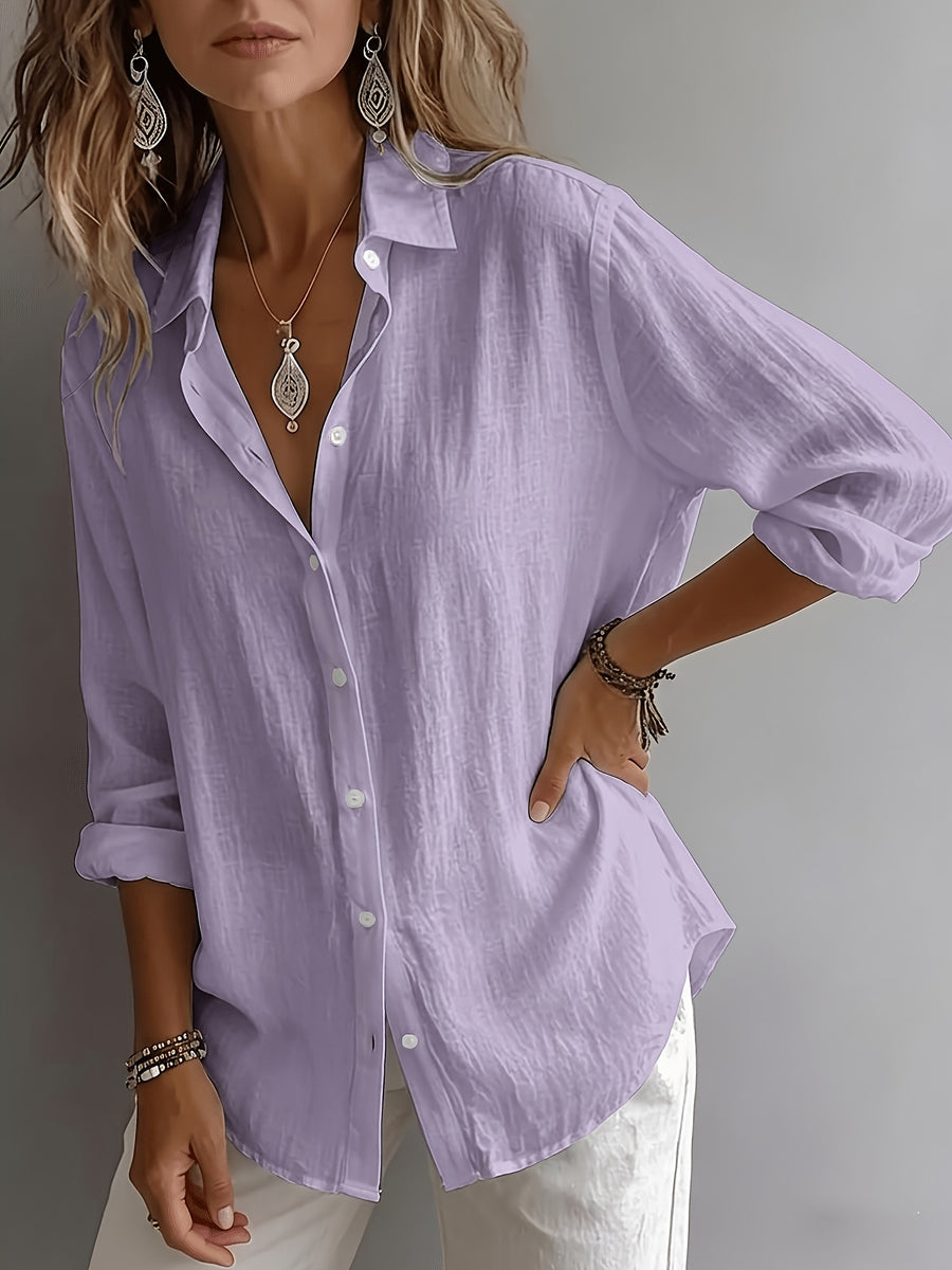 Women's Elegant Lapel Shirt, Loose Straight Fit with Long Sleeves, Lightweight, Comfortable, and Breathable Fabric, Versatile for Commuting and Casual Wear, Loose Straight Cut Flattering Design, Daily Comfortable and Relaxed Style - Purple