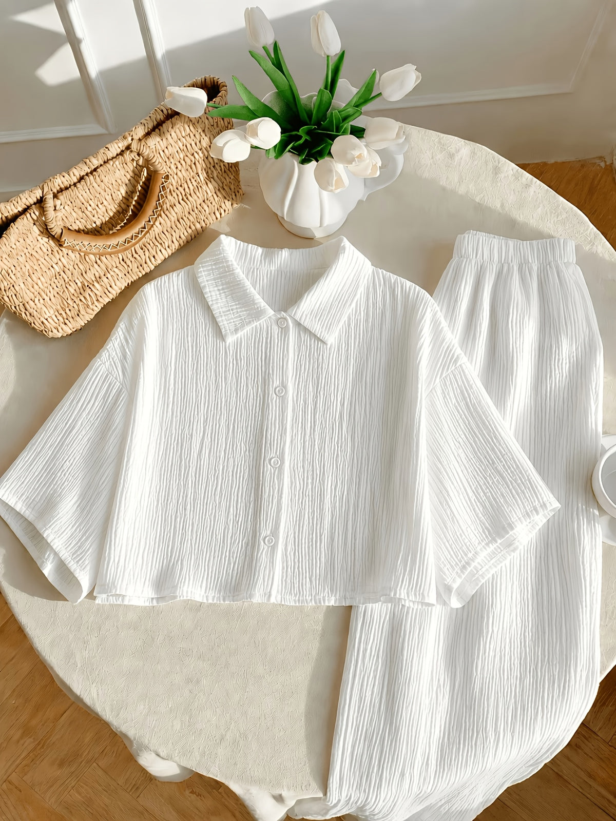 Plus Size, Plus Size - New Spring/Summer Solid Color Wrinkled Short Lapel Shirt and Elastic Waist Wide-Leg Pants 2pcs Set - Casual Loungewear Vacation Outfit - White