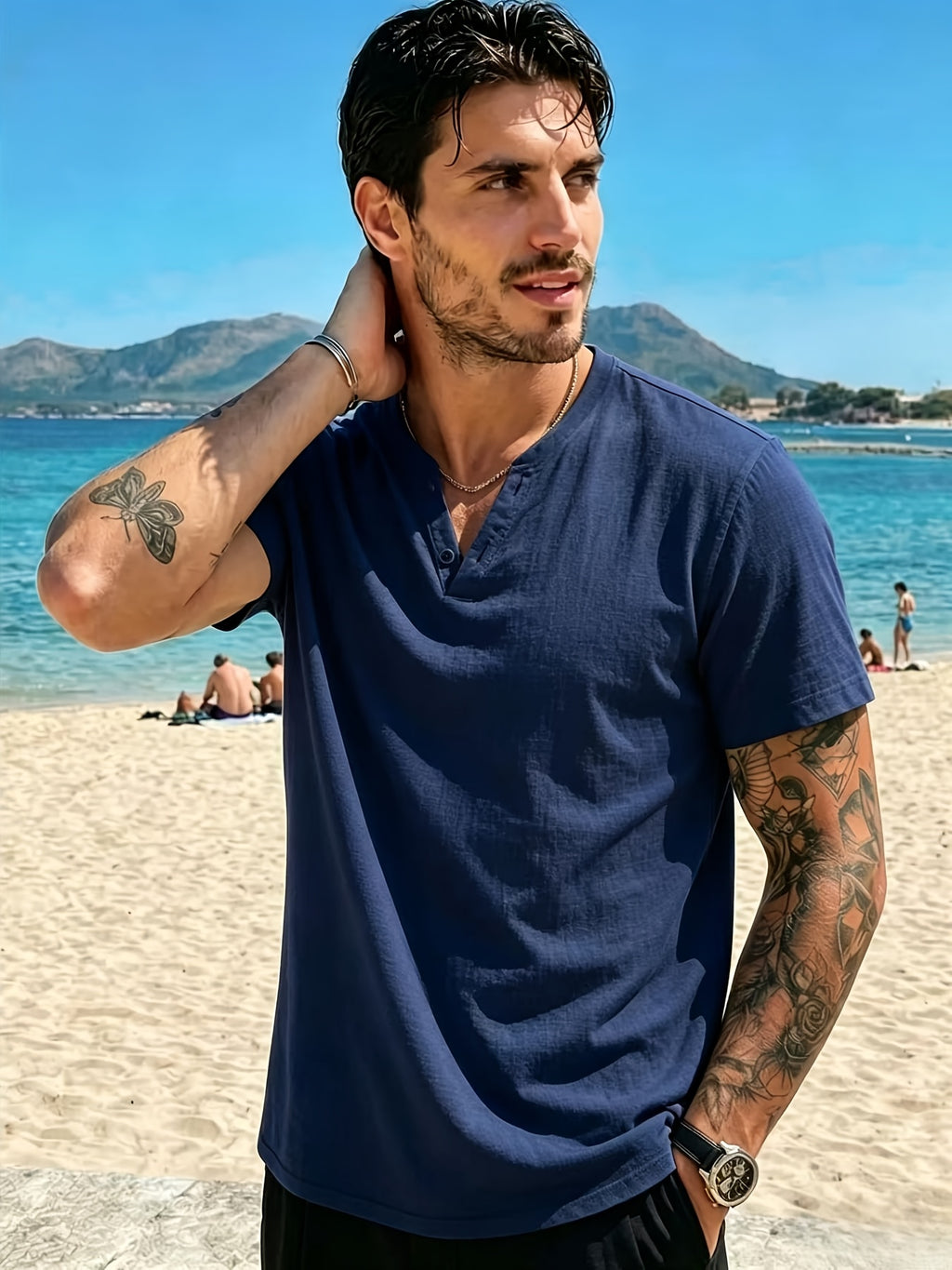 Men'S Summer Solid Short Sleeve T-Shirt, Button-Up V-Neck Casual Top, Soft And Comfortable Linen Fabric, Suitable for Daily Home And Outdoor Wear - Purplish Blue