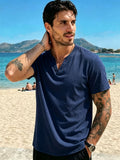 Men'S Summer Solid Short Sleeve T-Shirt, Button-Up V-Neck Casual Top, Soft And Comfortable Linen Fabric, Suitable for Daily Home And Outdoor Wear - Purplish Blue