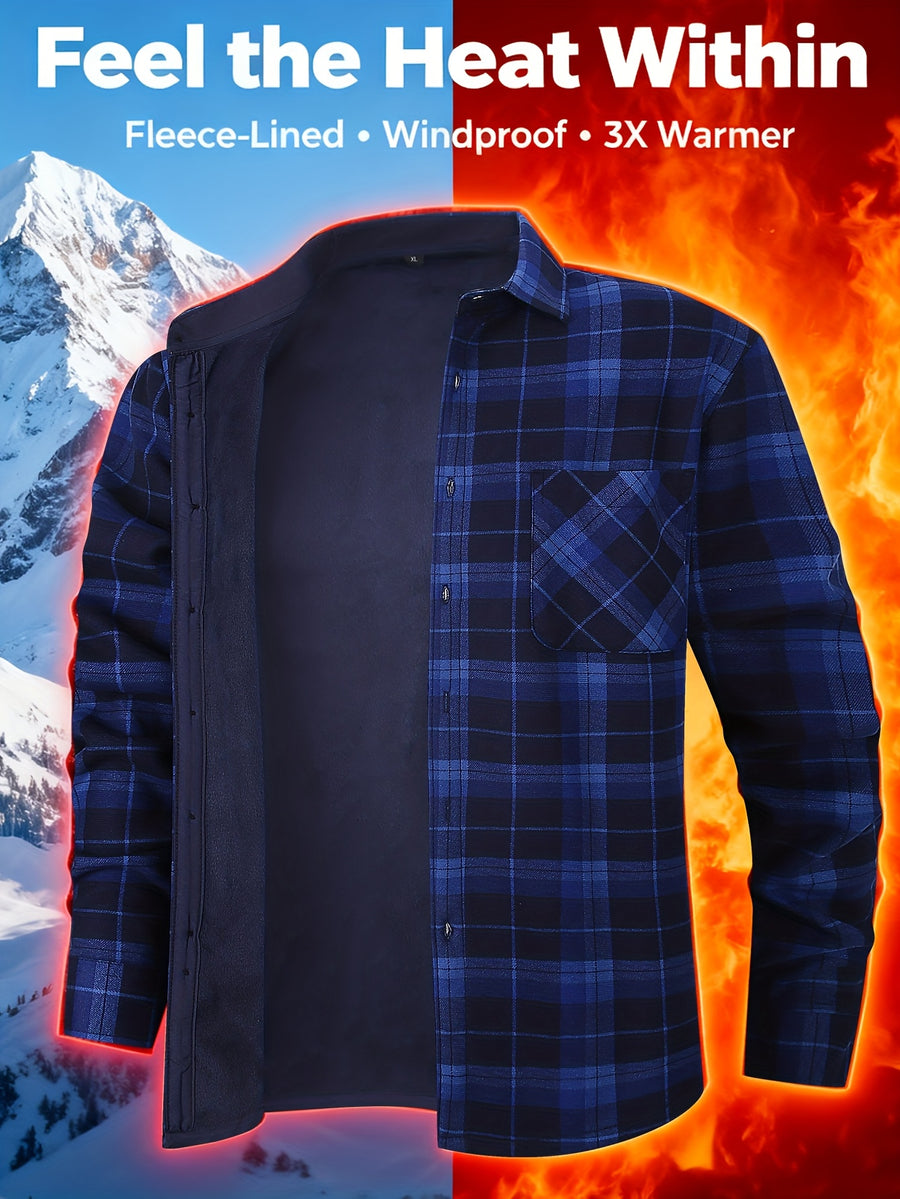 Autumn/Winter Plaid Flannel Shirt for Men, -Lined, Thickened, Warm, Long-Sleeve Workwear Jacket, Casual Top, New Season - Blue Grid