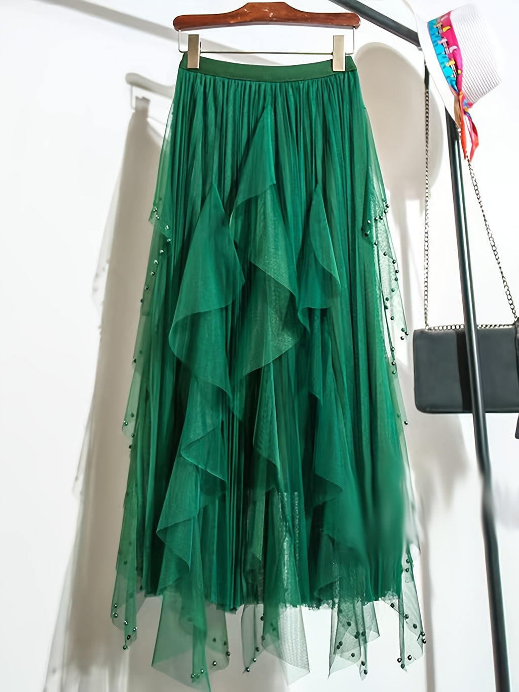 Spring New Women'S Clothing Summer Ladies' Spring Clothing Women'S Summer Clothing Beaded Pleated Mesh Skirt - Green