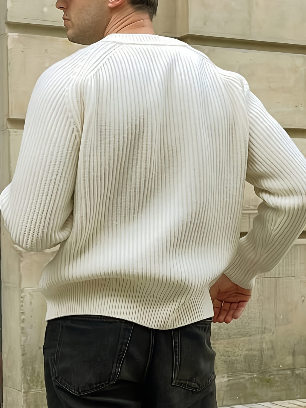 Autumn Winter New Men'S Casual Loose All-Match V-Neck Shoulder Patch Long Sleeve Pullover Sweater - Apricot