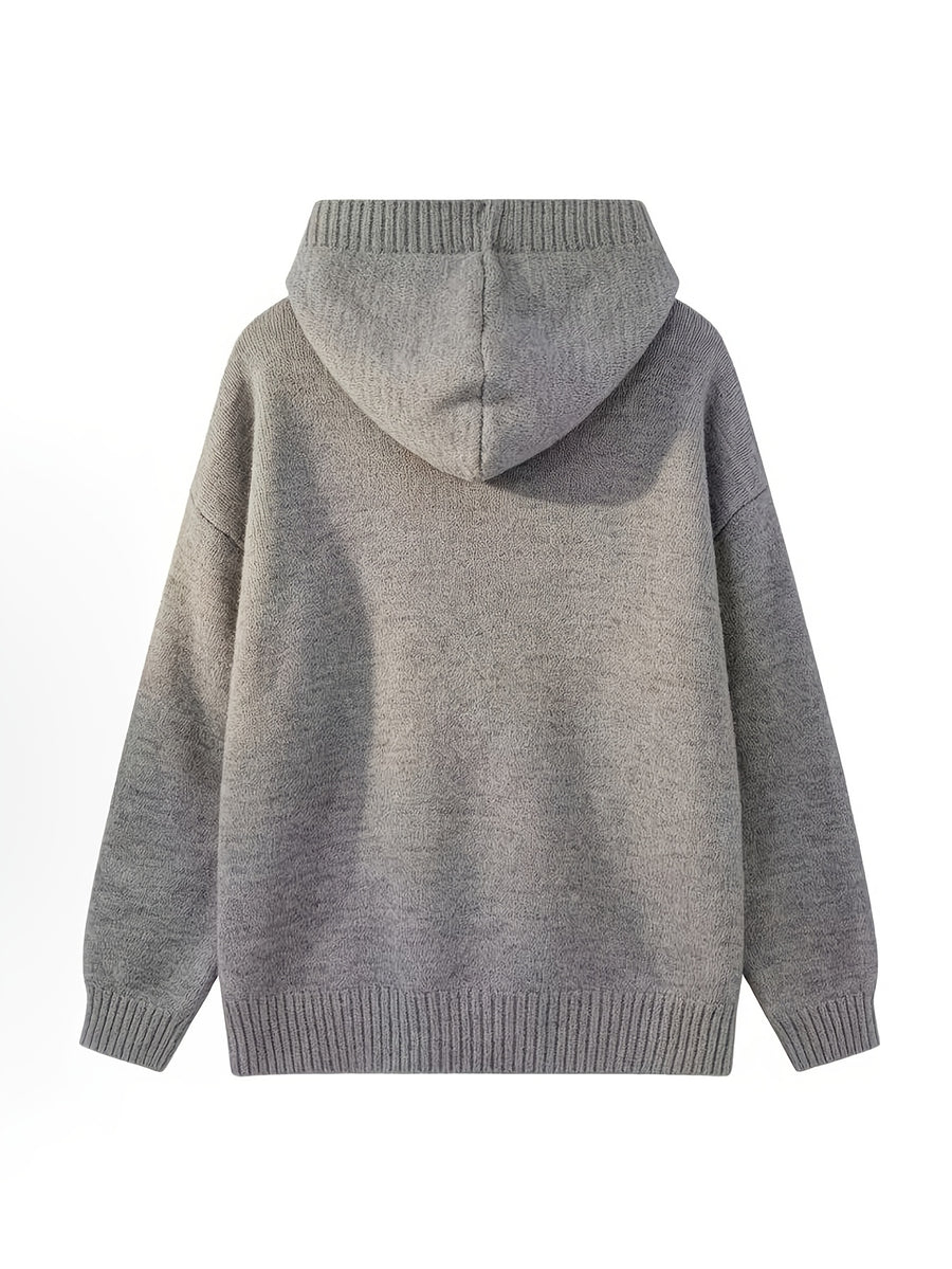 Retro Solid Color Single Button Hooded Cardigan Sweater, Loose Casual Style Versatile Outerwear Knit Top - Light Grey