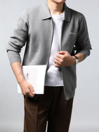 ZBZP Autumn/Winter Knitted Three-Dimensional Solid Color Lapel Sweater, Basic Knit Cardigan, Men's Fashion Knitwear Long-Sleeve Outerwear - Light Grey