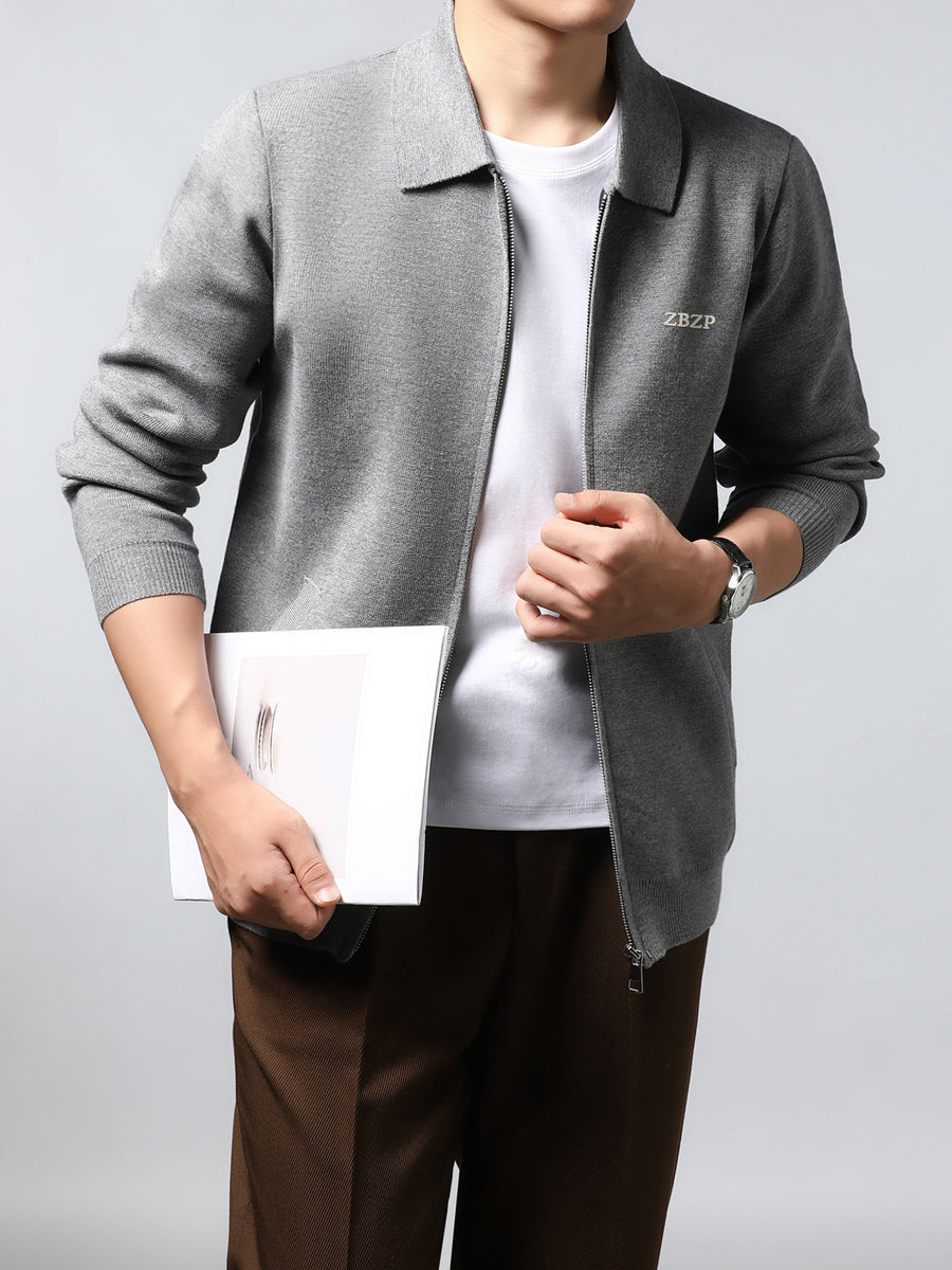 ZBZP Autumn/Winter Knitted Three-Dimensional Solid Color Lapel Sweater, Basic Knit Cardigan, Men's Fashion Knitwear Long-Sleeve Outerwear - Light Grey