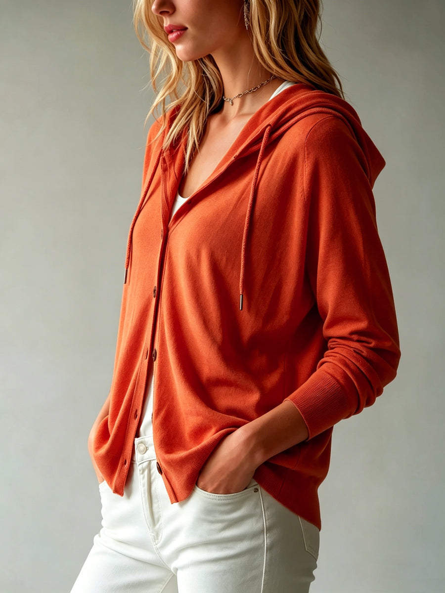 Lyocell Tencel Women'S Sweater Cardigan Hooded Cardigan Women'S Spring Autumn Winter Style Long Sleeve Button Loose Coat, Western Style Casual Temperament Top, Drawstring Hood Design, Daily Commute Outing Versatile Outerwear Elegant - Orange Red