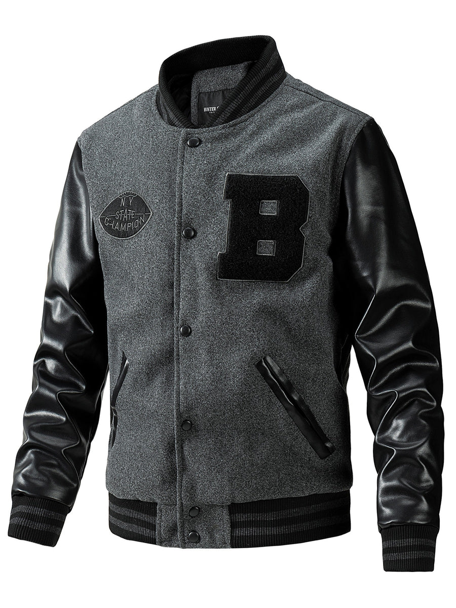 Men'S Winter Jacket, Trendy American Baseball Coat for Autumn And Winter, Casual Embroidered Plus-Size Outerwear with PU Sleeves, Windproof Men'S Jacket - Grey