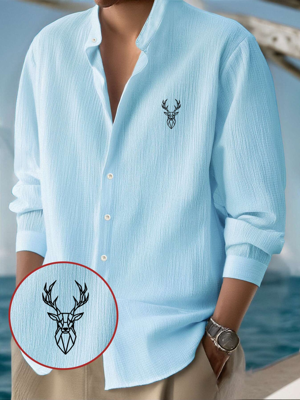 Men'S Classic Solid Color Casual Long Sleeve Button-Up Shirt - Stand Collar Design, Machine Washable, Geometric Stag Head Pattern Print, All-Season Wear, Suitable for Outdoor, Beach, And Casual Attire, Machine Washable Business Casual Shirt - Sky Blue