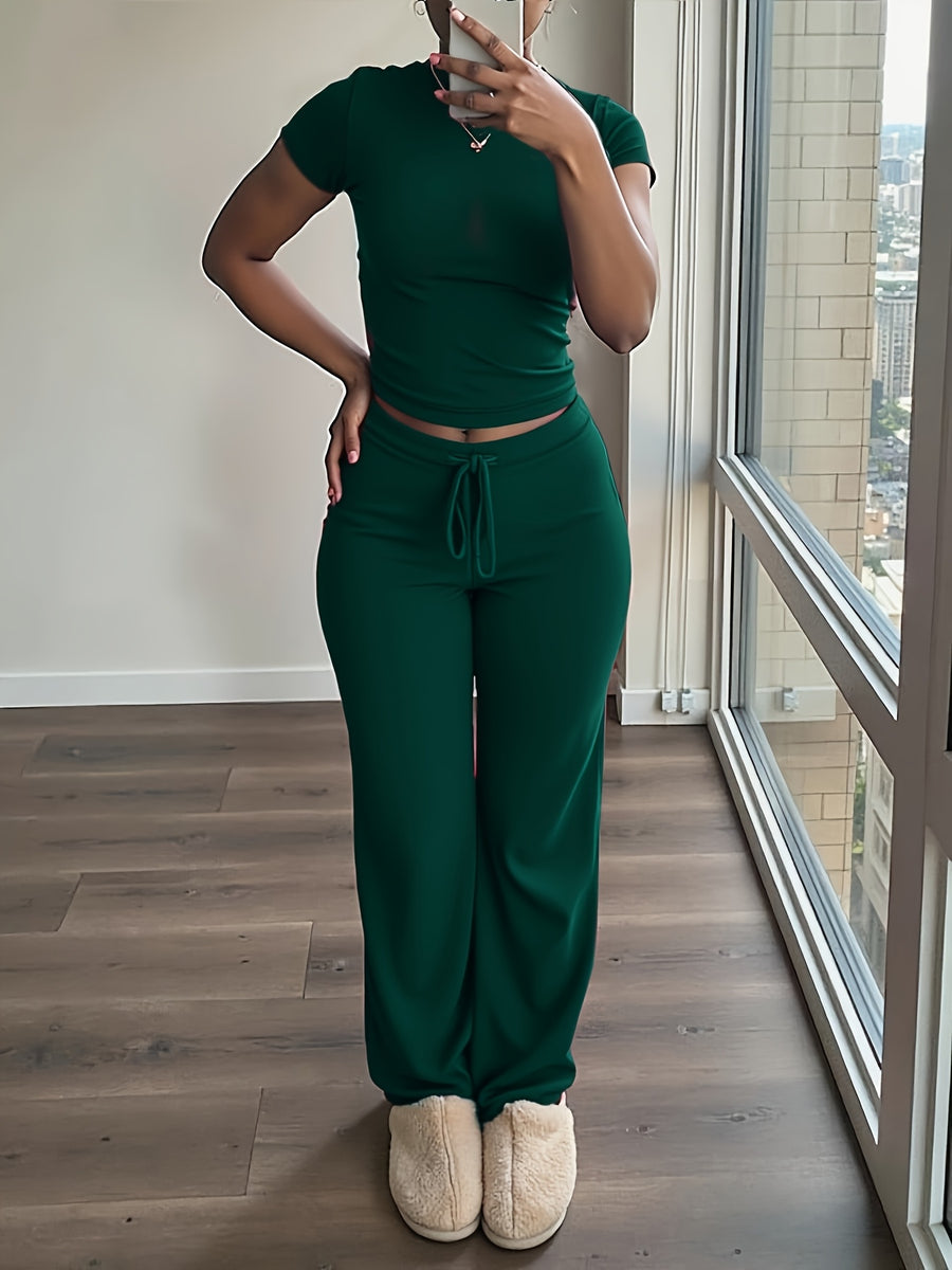 Women'S 2pcs Short Sleeve Top And Wide-Leg Pants Set, Fake Drawstring Waistband, Casual All-Season Outfit, Comfortable Home Wear, Daily Attire, Casual Style, Short Sleeve Top, Women'S Set, Women'S Clothing, Fashion Top, Autumn Women'S Wear - Dark Green