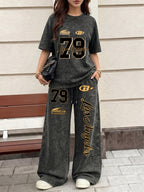 American Racing Style Los Angeles 79 Letter Graphic Print, Women's 2pcs Set, Vintage Washed Loose Fit Casual Crew Neck Short Sleeve T-Shirt + Elastic Waist Drawstring Vintage Washed Casual Sport Long Pants, Women's 2pcs Outfit - Black+black