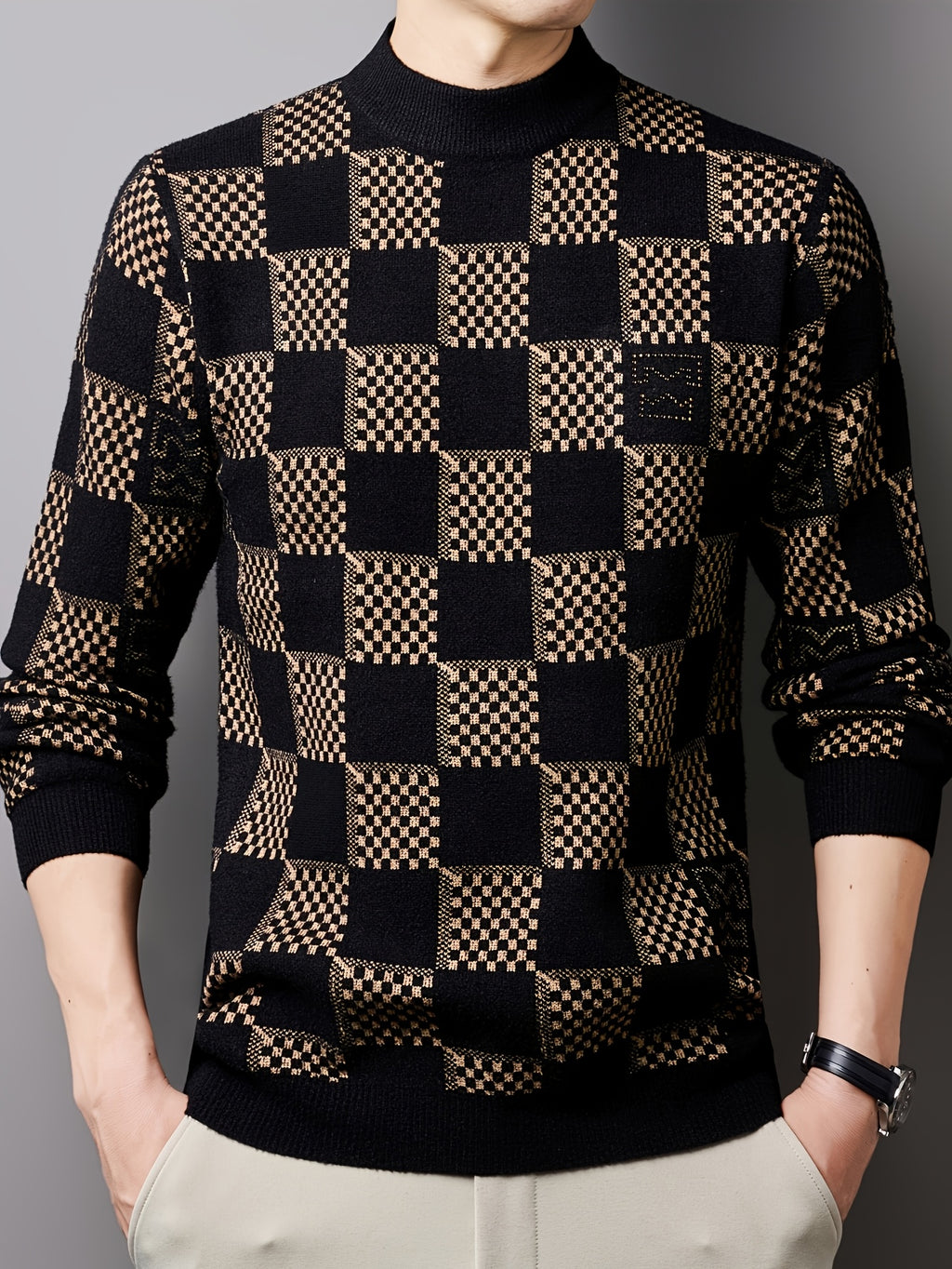 Men'S Sweater Pullover, Autumn Winter New Thick Warm Knit Top, Sequined Plaid Color-Block Men'S Shirt, Men'S Clothing 24709 - White