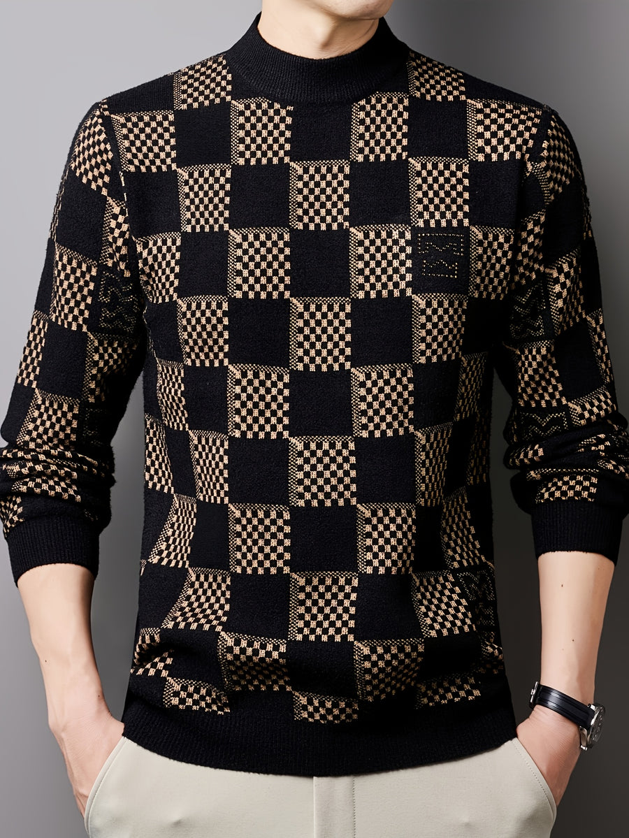 Men'S Sweater Pullover, Autumn Winter New Thick Warm Knit Top, Sequined Plaid Color-Block Men'S Shirt, Men'S Clothing 24709 - White