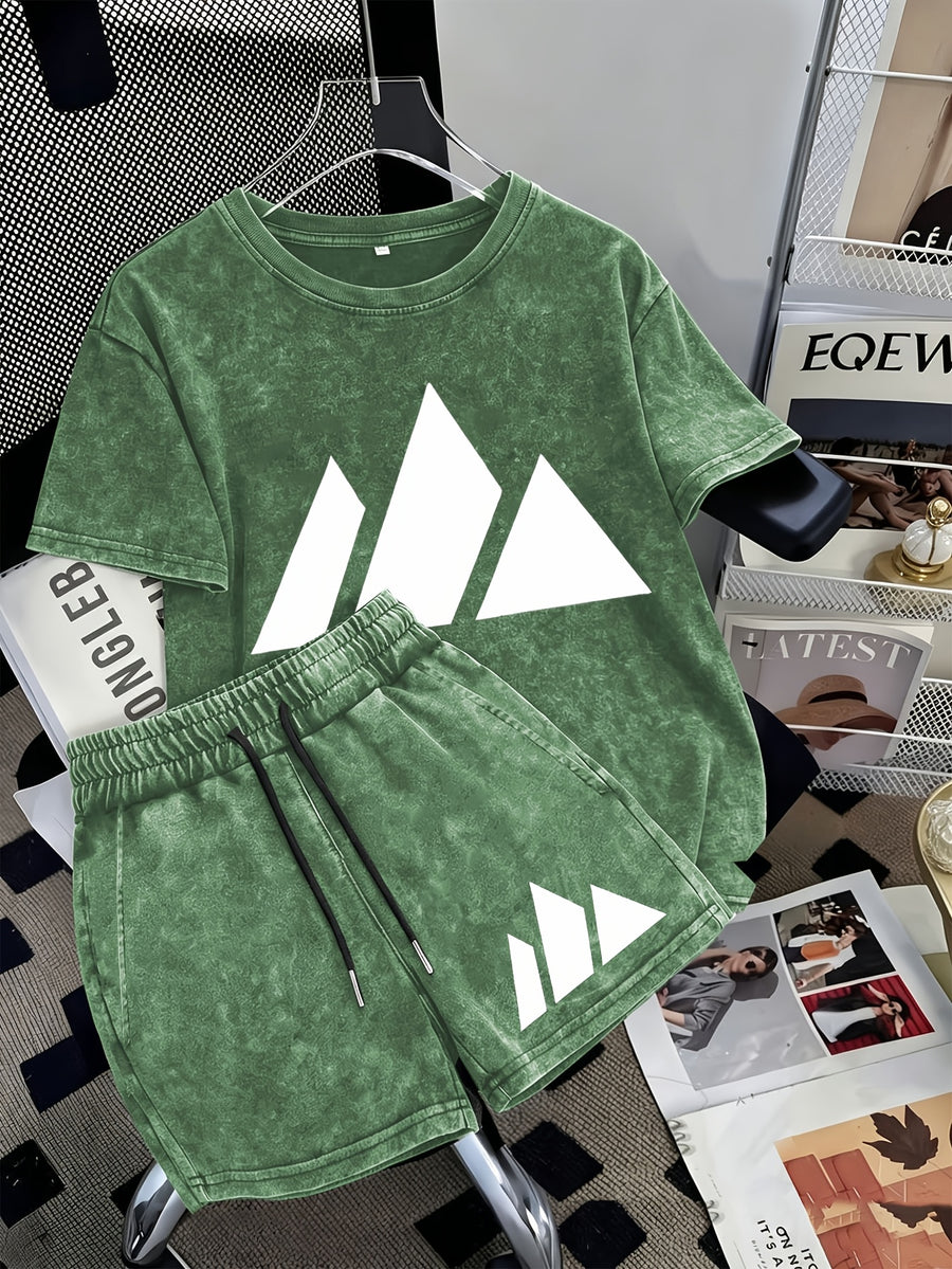 Summer Trendy Distressed Washed Short Sleeve Shorts Drawstring Women's Set, Minimalist Mountain Peak Line Drawing Print, Minimalist Outdoor Style, Artistic and Fresh Style, Forest-Inspired Natural Style, Comfortable for Hot Weather - Green
