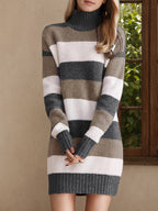 Sweater Dress Fall Winter Korean Style New Women'S Design Sense High Neck Top Long Length Pullover Sweater Striped Dress Premium Beautiful Temperament Mid-Length Base Dress Winter Skirt - Grey