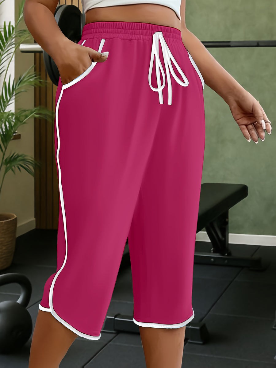 New Spring And Summer Solid Color Casual Comfortable Mid-Length Sweatpants For, Fitness, And with Pockets - Rose Red