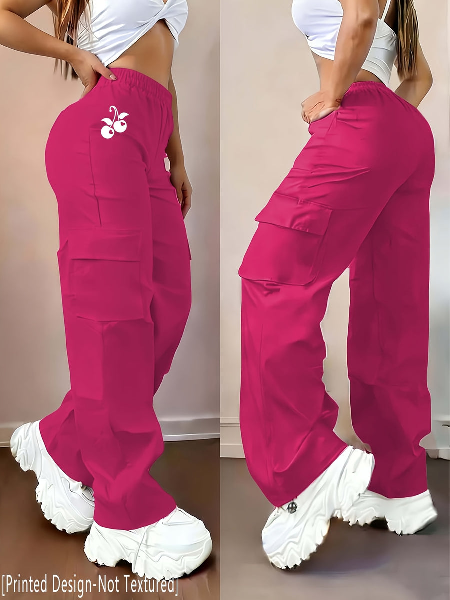 Women's Casual Trousers with a Creative Heart and Cherry Print Design, Fashionable Cargo Pants - D355-WHY2075 - Rose Red