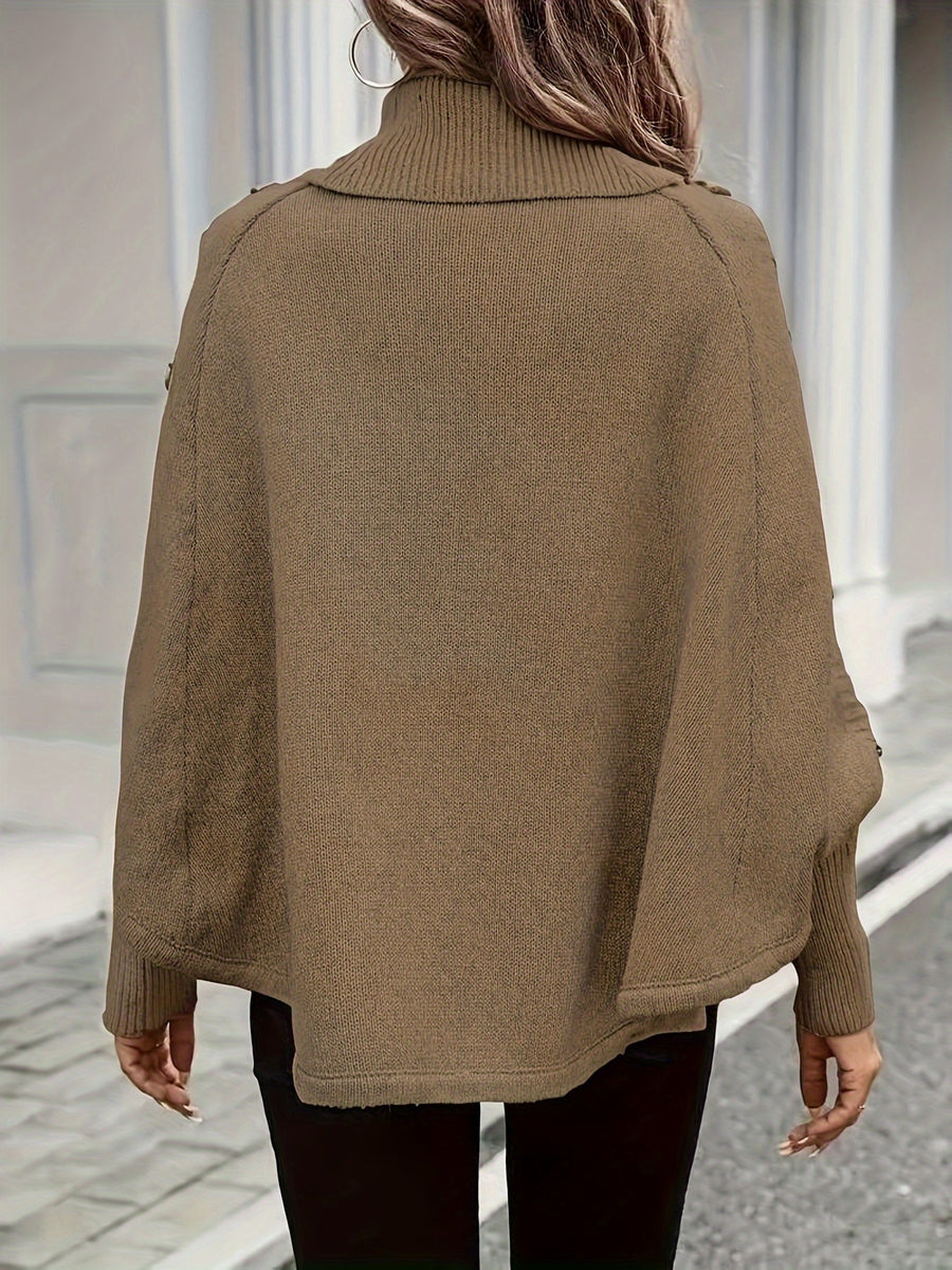 Autumn Winter High Neck Small Tapered Twist Design Lazy Style Outer Sweater Women'S Top Head Scarf Cape Button Shawl - Camel