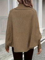 Autumn Winter High Neck Small Tapered Twist Design Lazy Style Outer Sweater Women'S Top Head Scarf Cape Button Shawl - Camel
