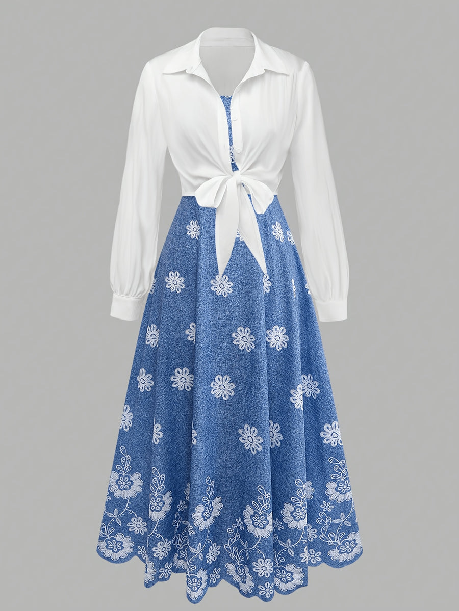 Plus Size Women'S Floral Cami Dress 2pcs Set, Tie-String Short Cardigan And Waist-Cinching Printed Vacation Dress - Blue