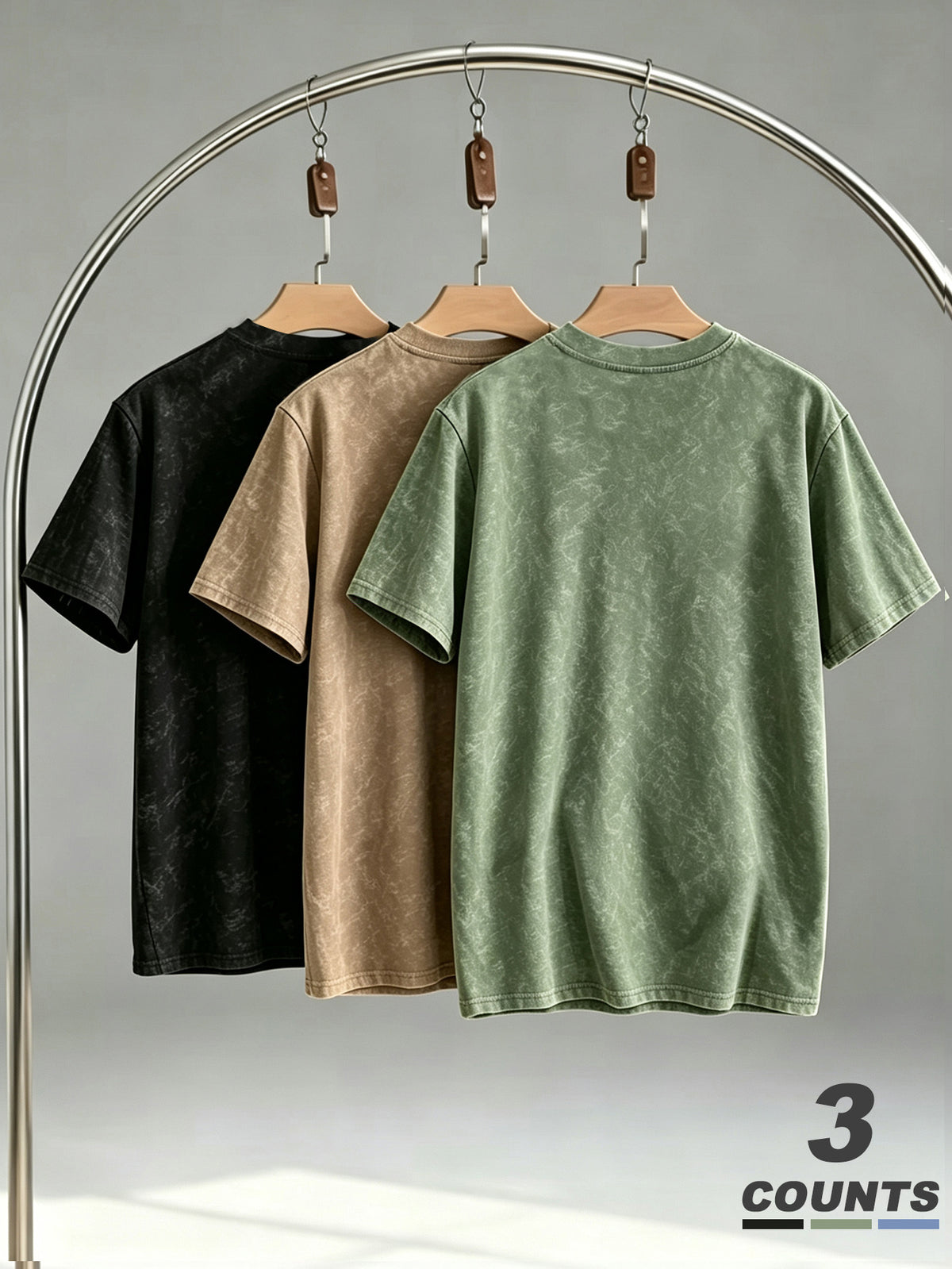 Street Style Distressed Washed Crew Neck Short Sleeve T-Shirt Men's 3pcs Set King Print Casual Top - Green+Khaki+Black