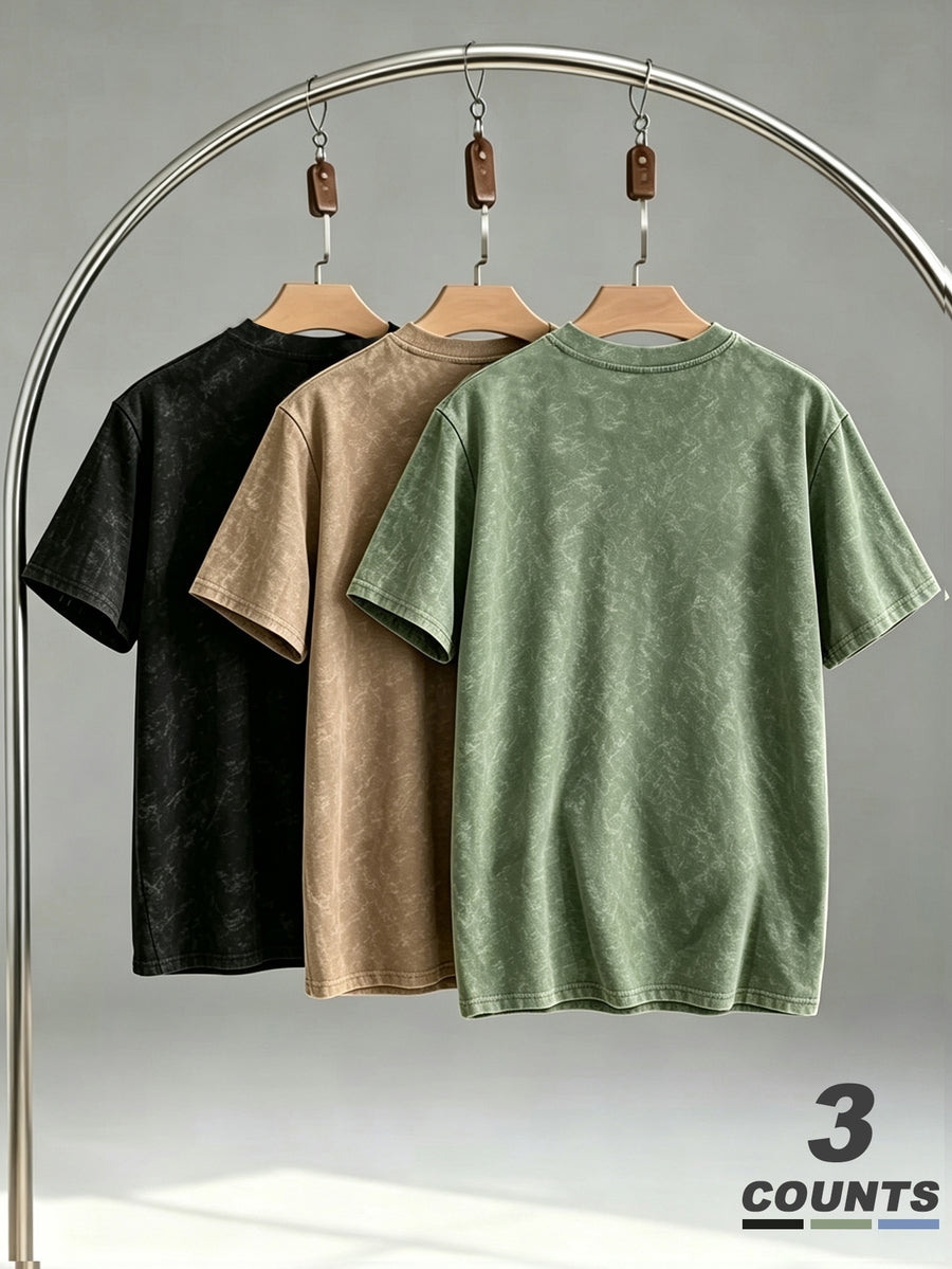Street Style Distressed Washed Crew Neck Short Sleeve T-Shirt Men's 3pcs Set King Print Casual Top - Green+Khaki+Black