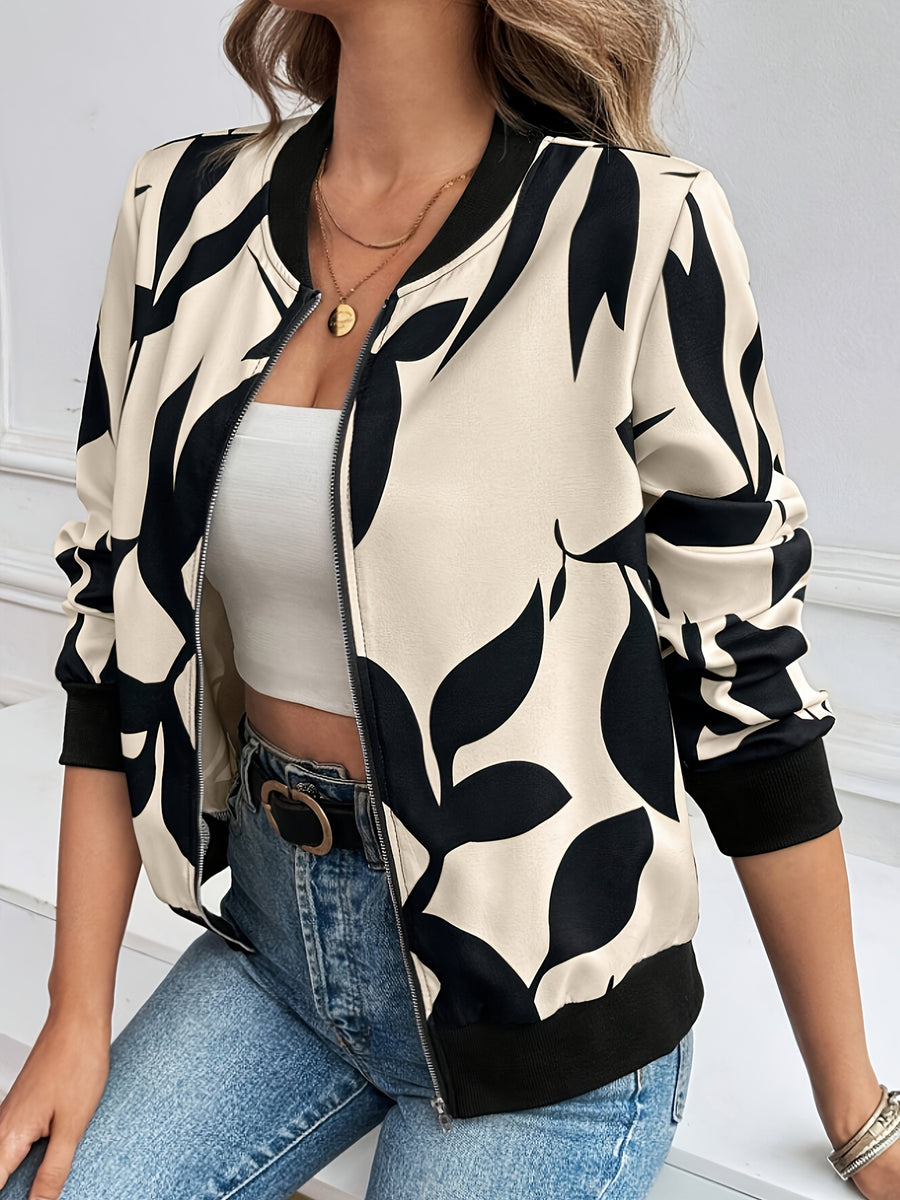 Women's Printed Zip-Up Long Sleeve Baseball Collar Simple Elegant Casual Jacket Top - Black