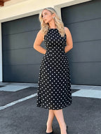 New Polka Dot Print Elegant Round Neck Sleeveless Dress - Black