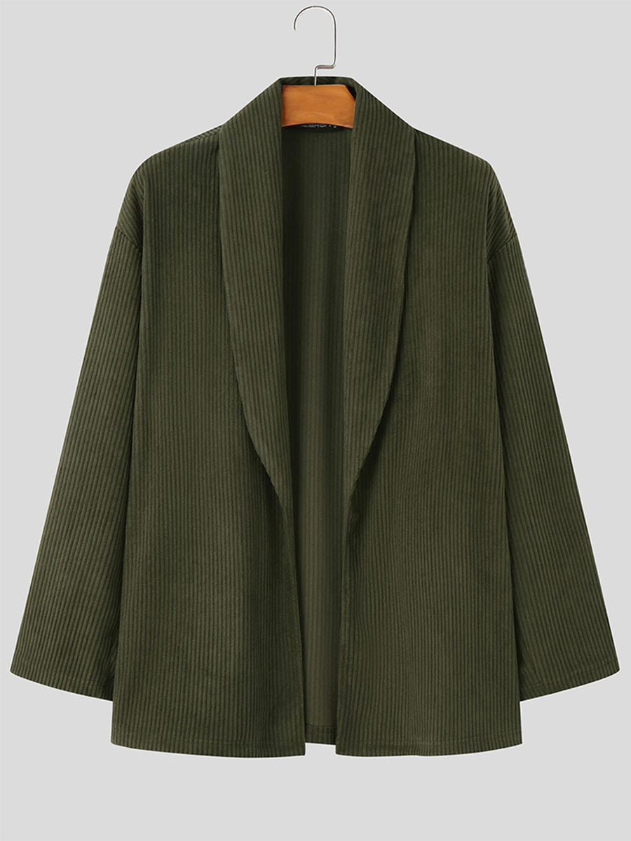 INCERUN Men Corduroy Coat Shawl Collar Long Sleeve Solid Simple Outdoors Coat Kimono Cardigan - Green